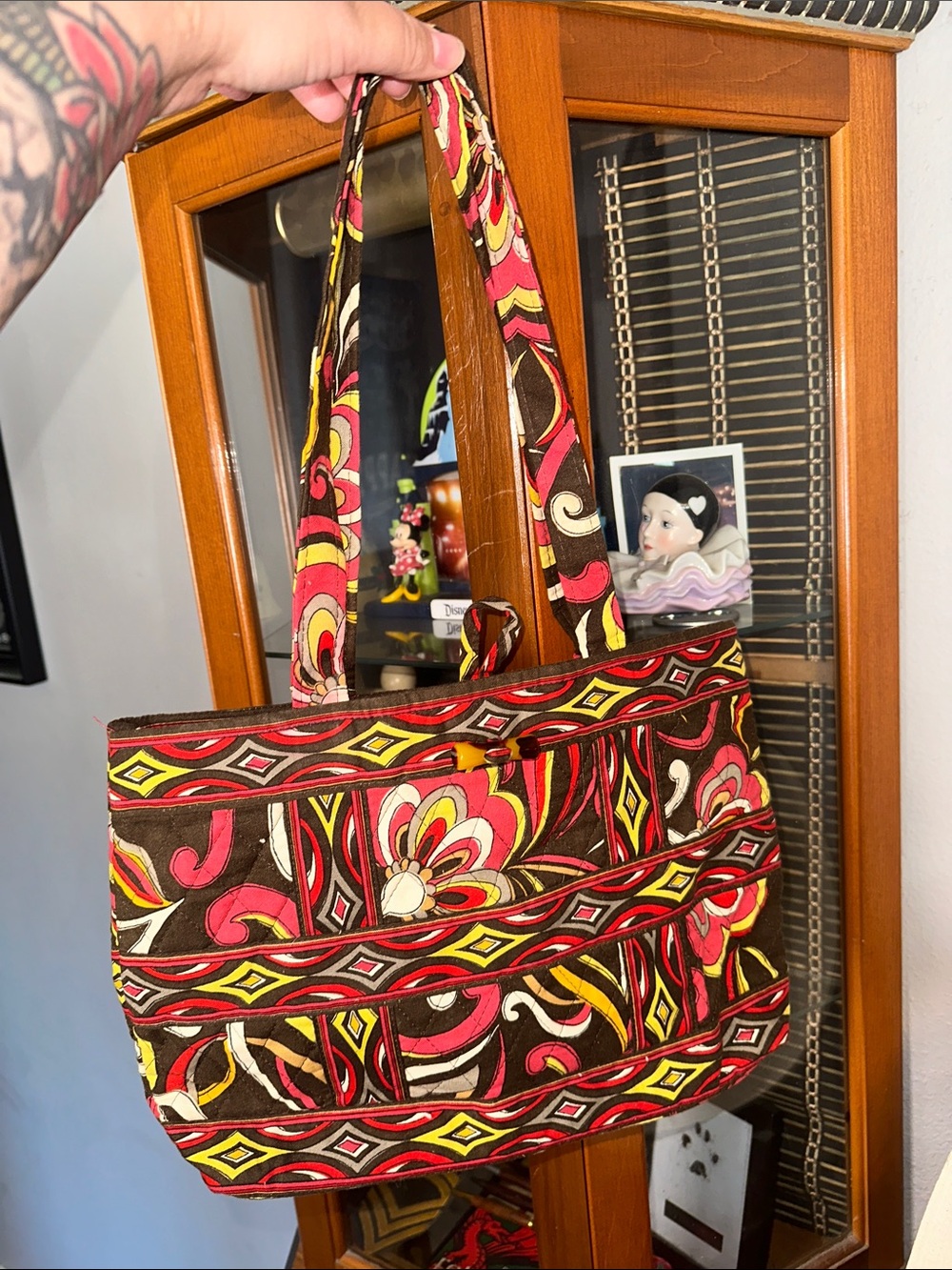 Vera Bradley Puccini Brown Tote with Pink and Yellow Floral Pattern